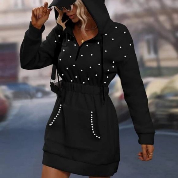 black Elastic Waist Drawstring Hoodie Long sleeved Pearls Beaded Mini Dress - Picture 5 of 5